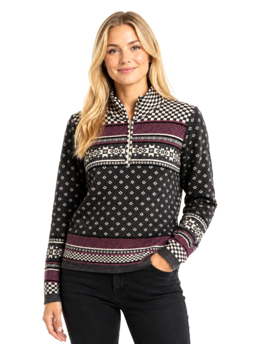 Krimson Klover Grey Magenta Merino Wool Quarter Zip Sweater
